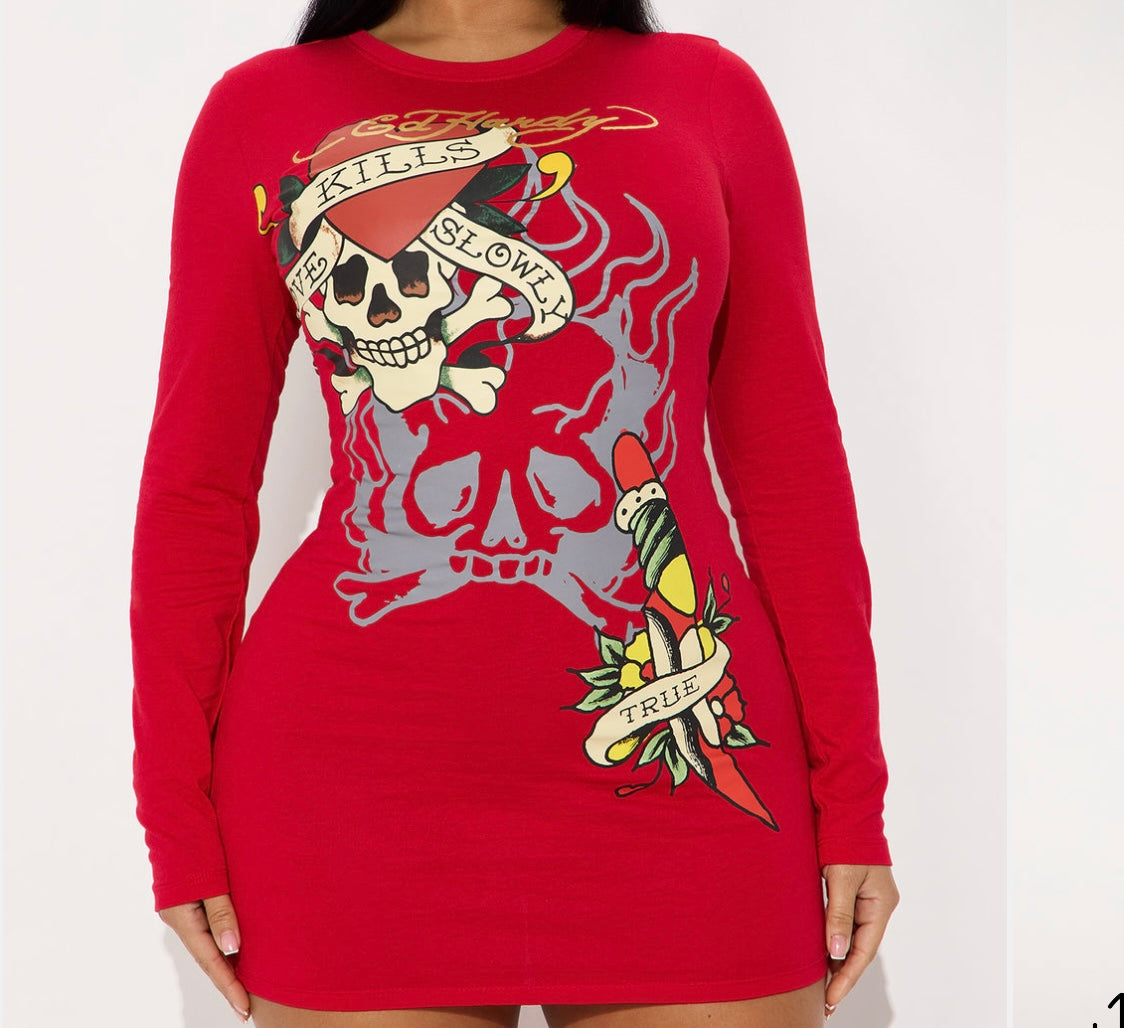 Long Sleeve Ed Hardy Mini Dress (Large Fits like small/medium)